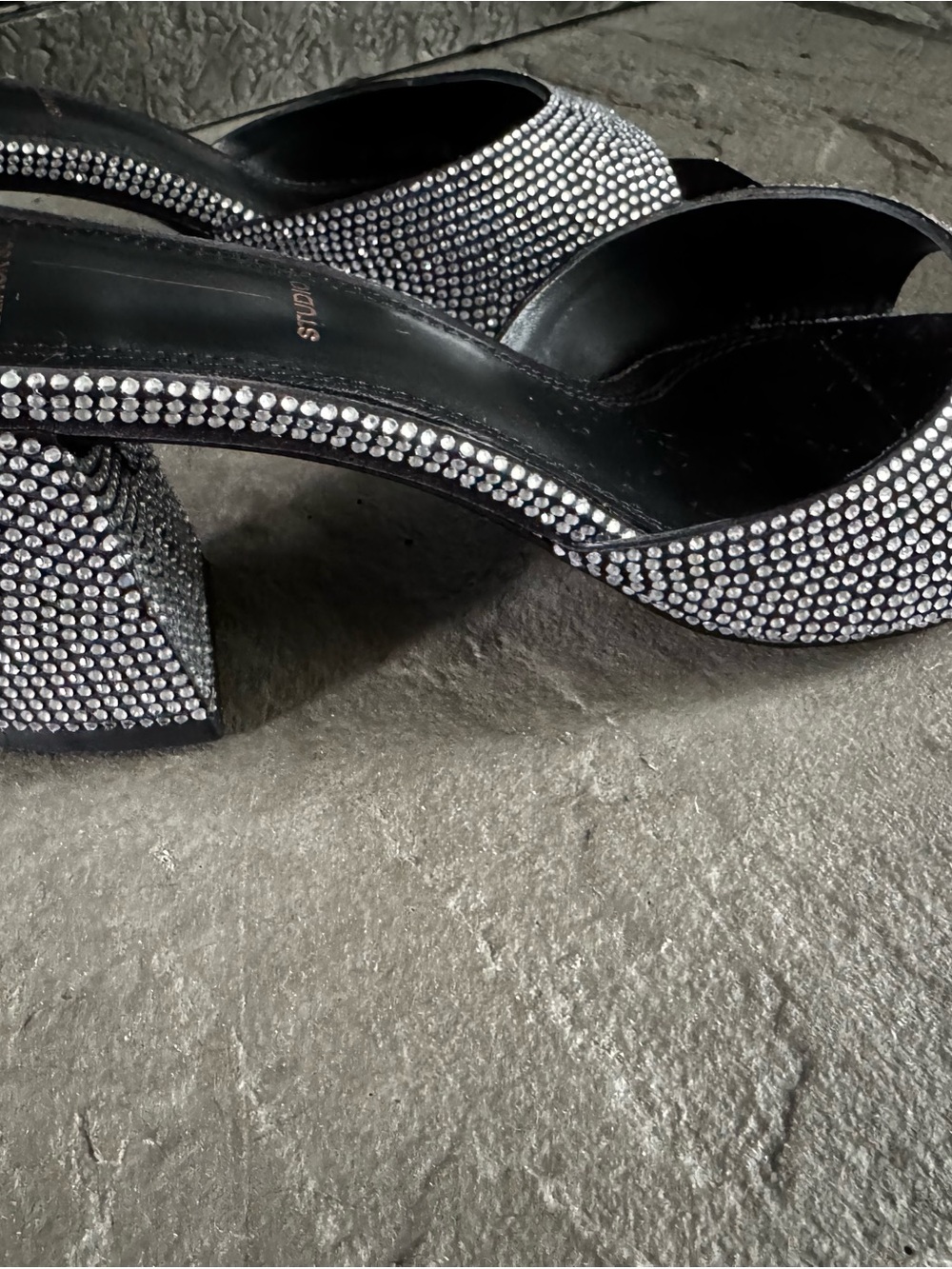 Black Suede Studio Rhinestone Block Heel Sandals. Size 7.5. - Picture 2 of 5